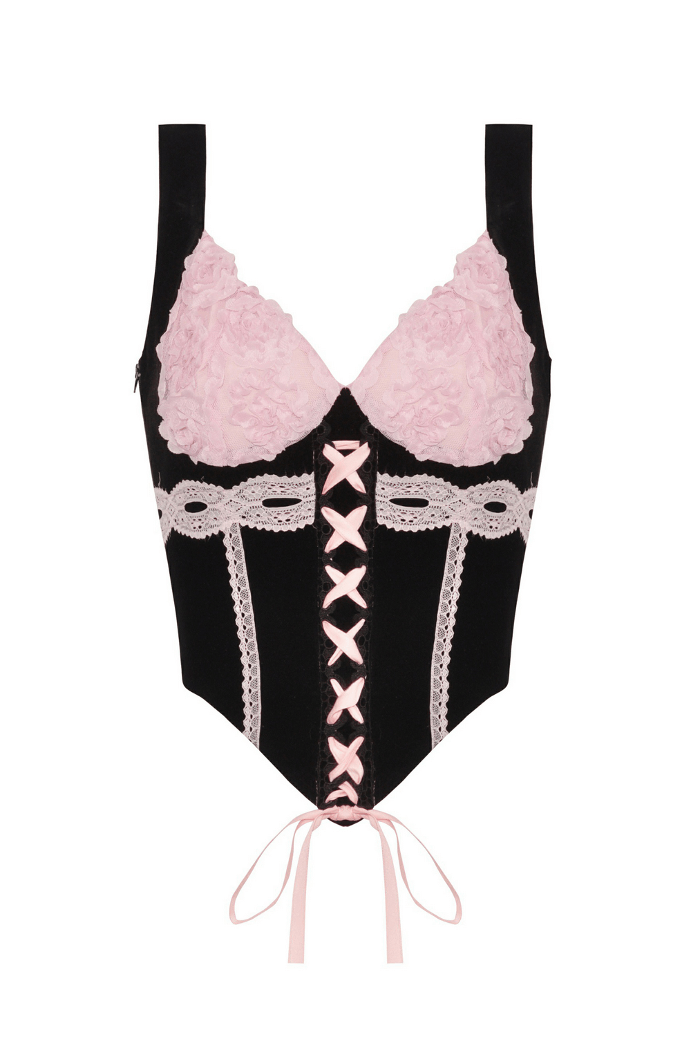 Elegant black corset top with pink lace accents and floral detail, perfect for dark romantic style.