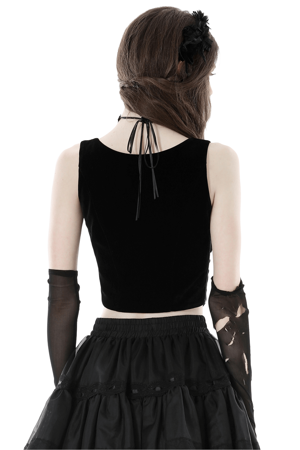 Back view of a chic black corset top with ribbon tie, perfect for gothic and romantic outfits.
