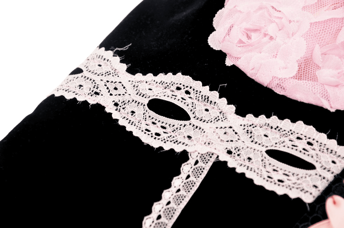 Elegant Gothic Black Corset Top with Pink Lace Accents