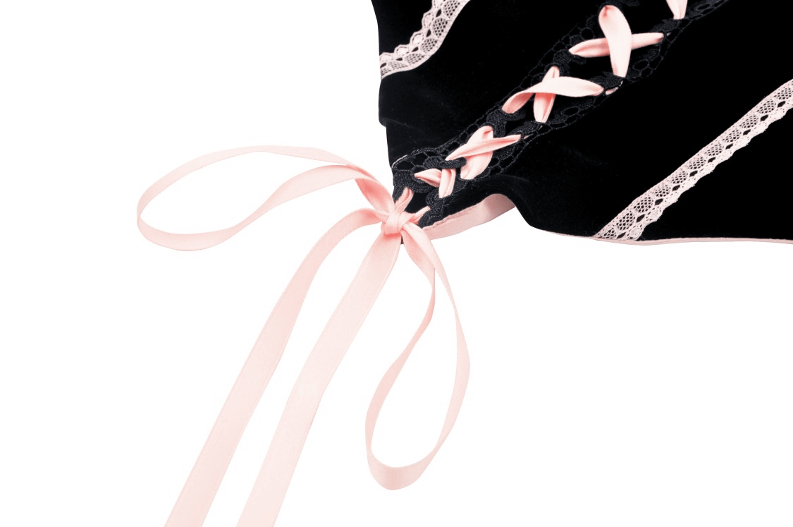 Close-up of elegant black corset top featuring pink ribbon tie and lace accents for a chic gothic style.