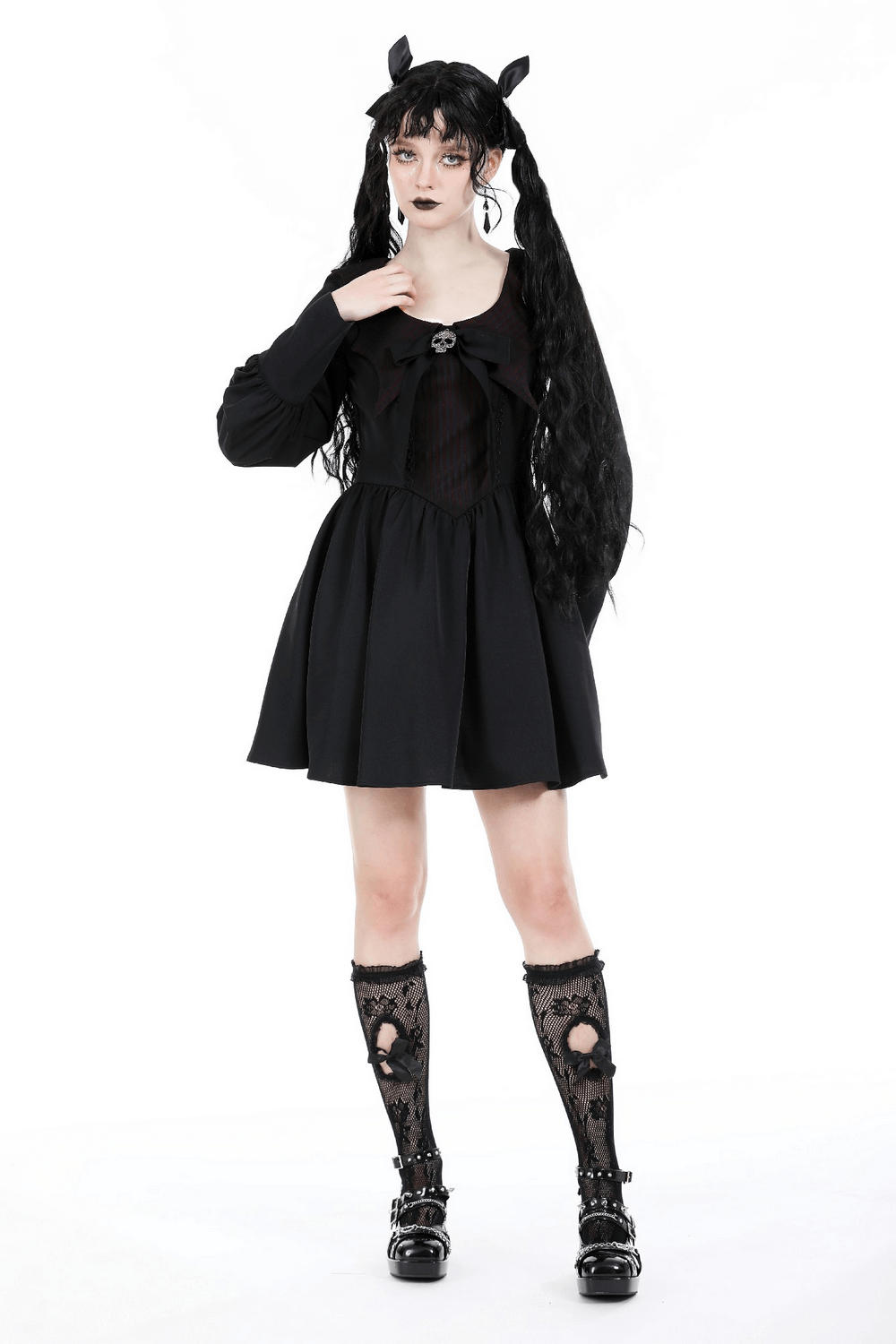 Elegant Gothic Black Dress with Skull and Bow Detail
