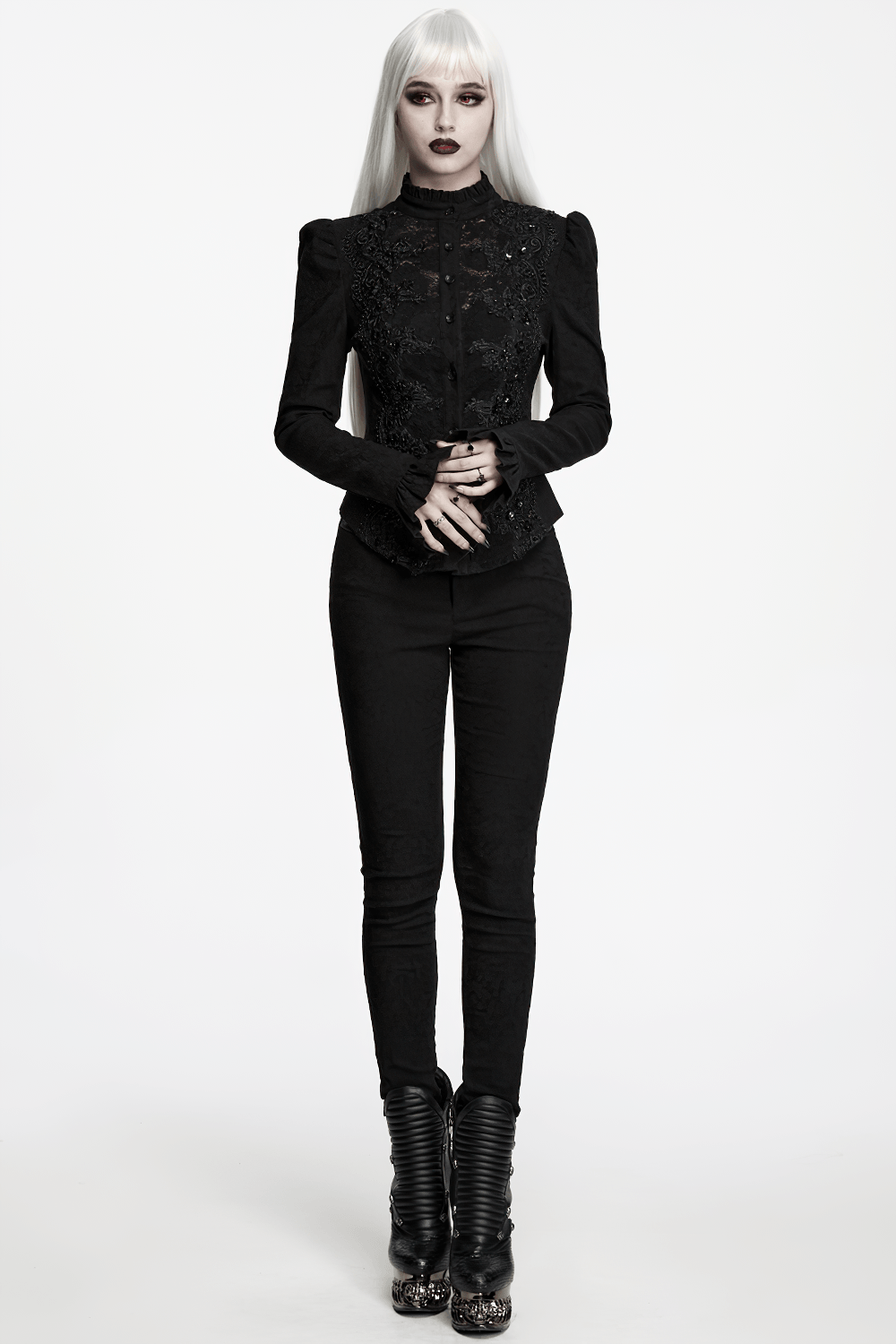 Elegant Gothic Black Jacquard Sequin Embroidered Shirt