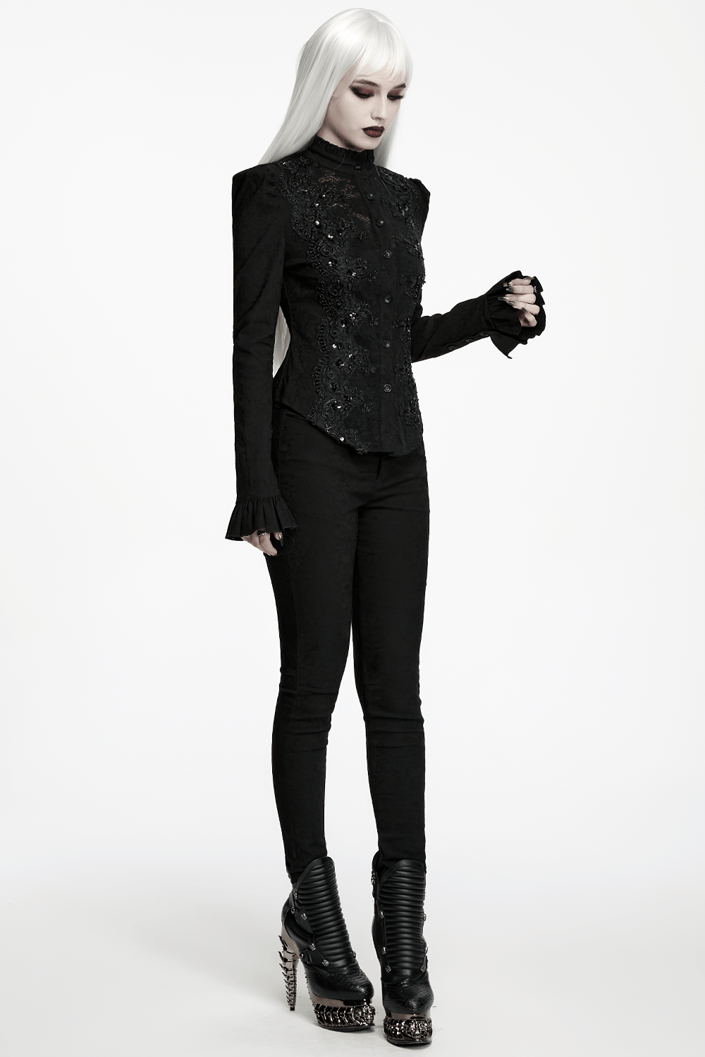 Elegant Gothic Black Jacquard Sequin Embroidered Shirt