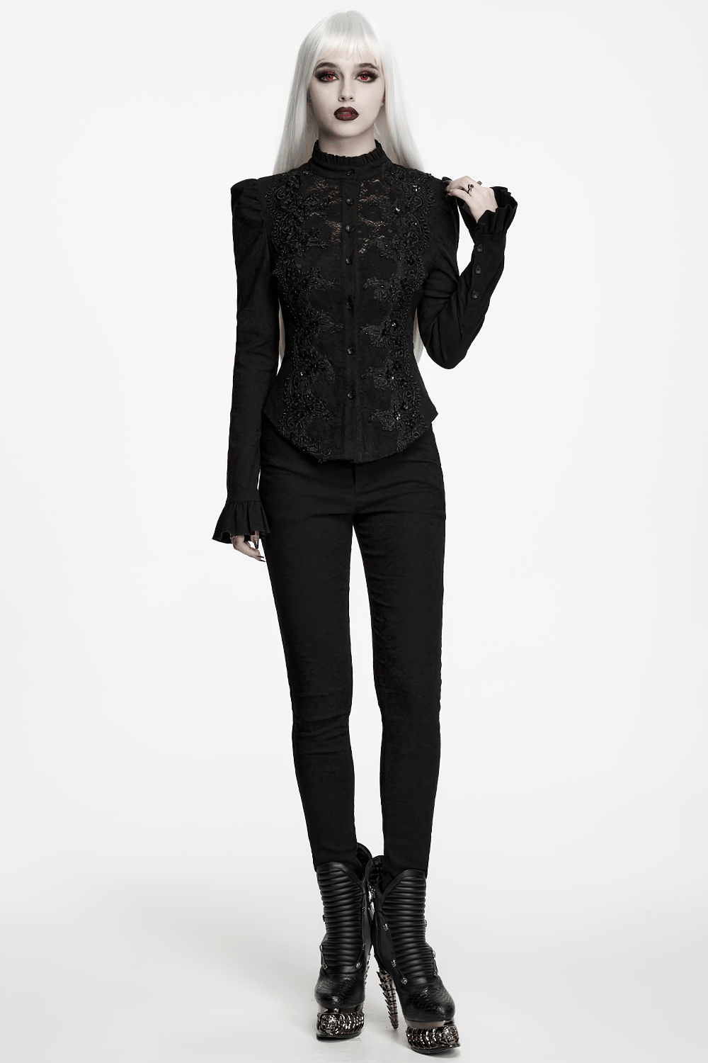 Elegant Gothic Black Jacquard Sequin Embroidered Shirt