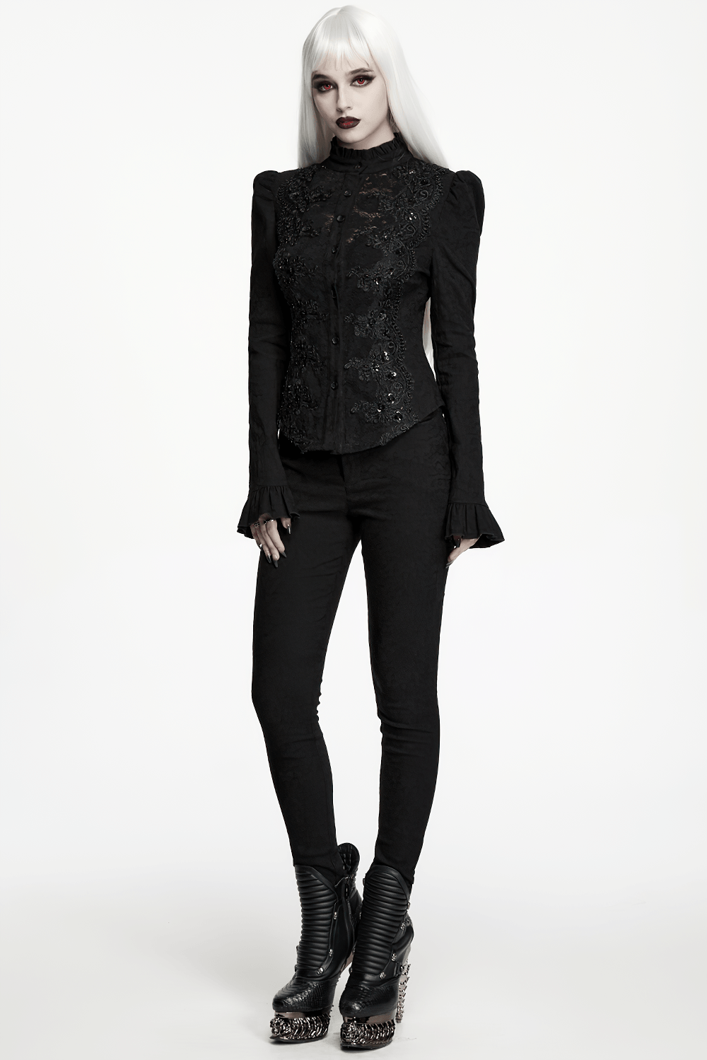 Elegant Gothic Black Jacquard Sequin Embroidered Shirt