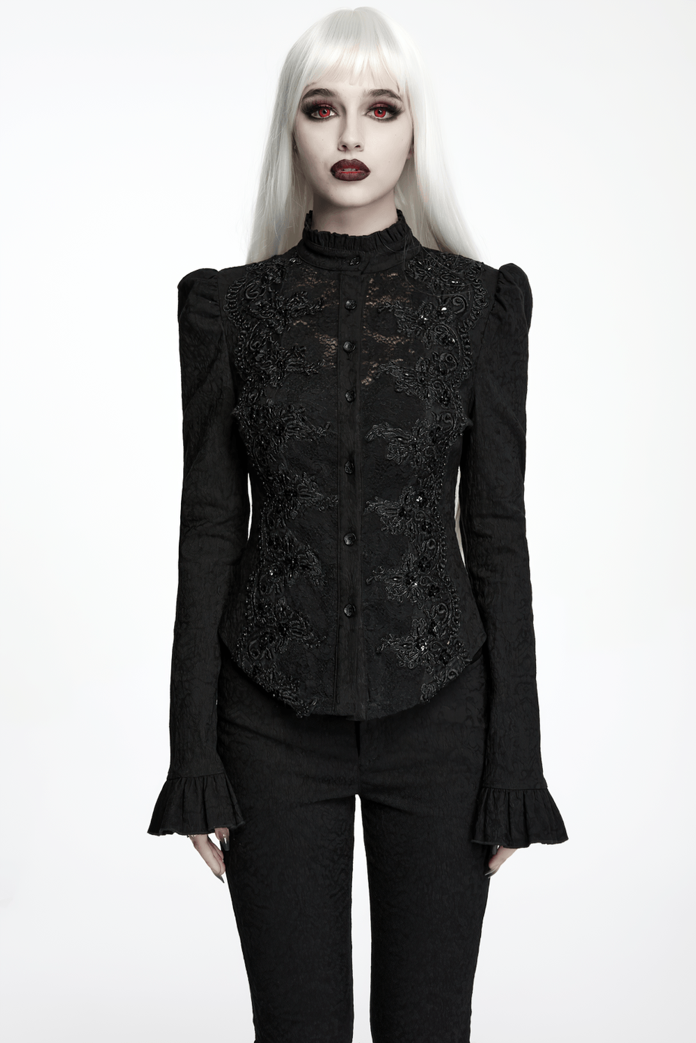 Elegant Gothic Black Jacquard Sequin Embroidered Shirt