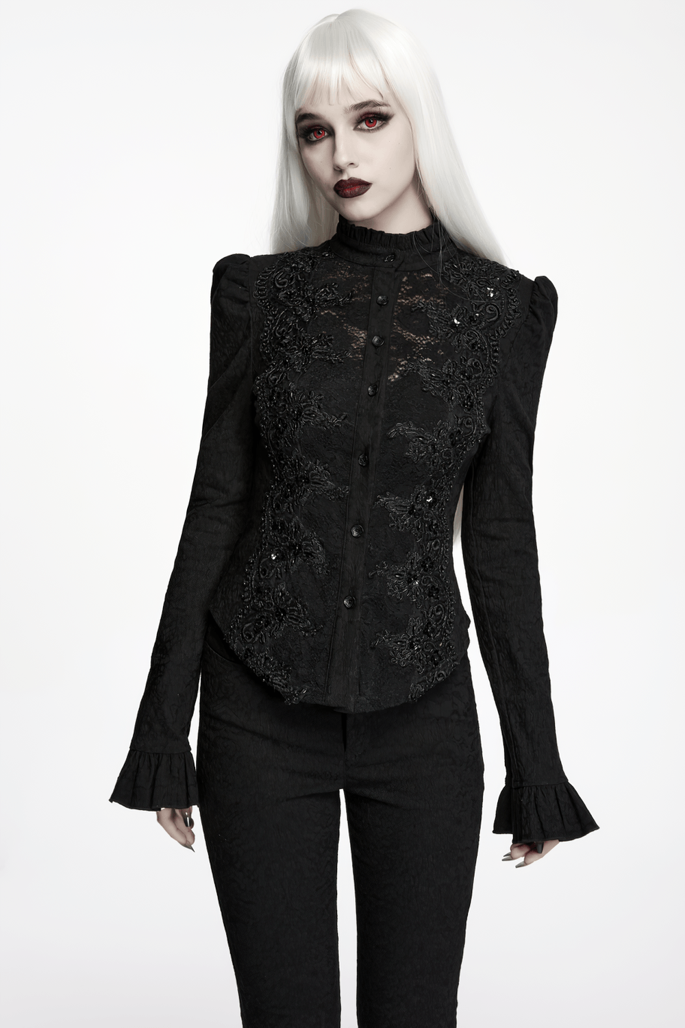 Elegant Gothic Black Jacquard Sequin Embroidered Shirt