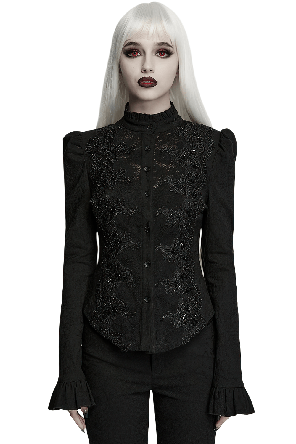 Elegant Gothic Black Jacquard Sequin Embroidered Shirt