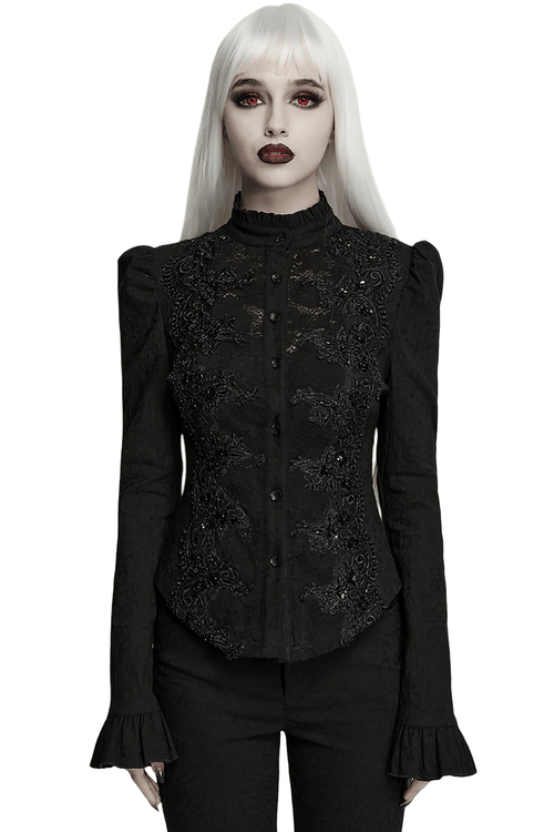 Elegantes schwarzes Gothic-Hemd aus Jacquard mit Paillettenstickerei