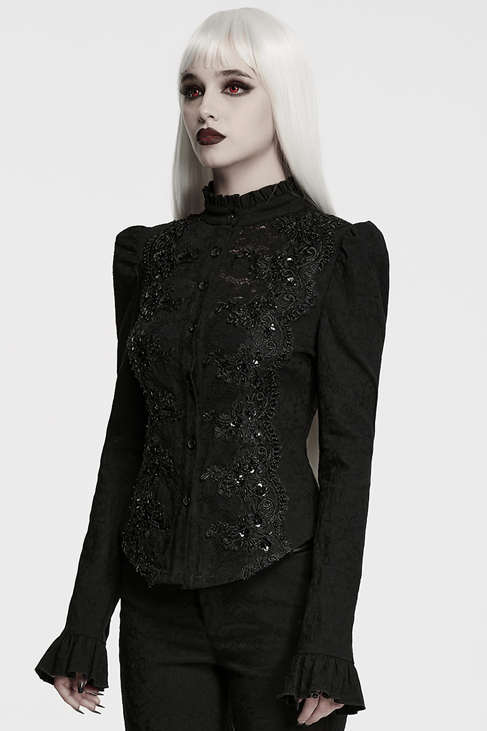 Elegant Gothic Black Jacquard Sequin Embroidered Shirt