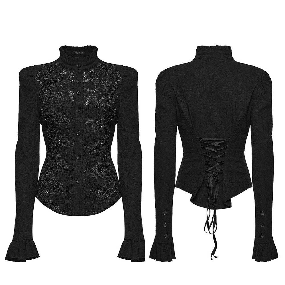 Elegant Gothic Black Jacquard Sequin Embroidered Shirt