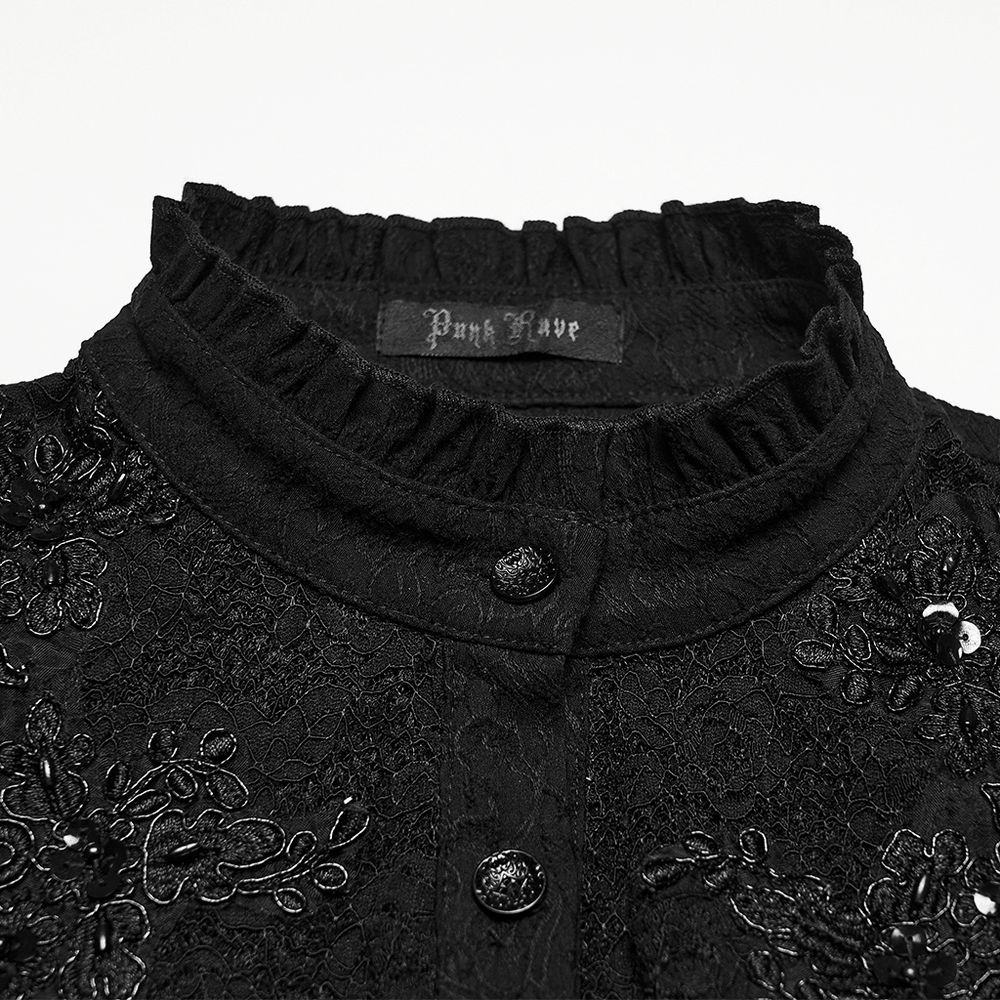 Elegant Gothic Black Jacquard Sequin Embroidered Shirt