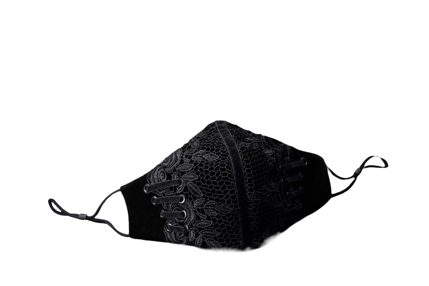 Elegant Gothic black lace and velvet mask for men with intricate design and adjustable straps.