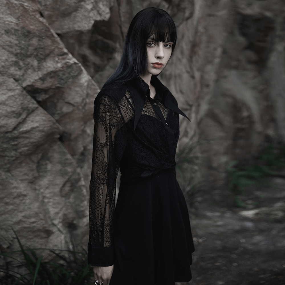 Elegant Gothic Black Lace Crop Shirt with Ties