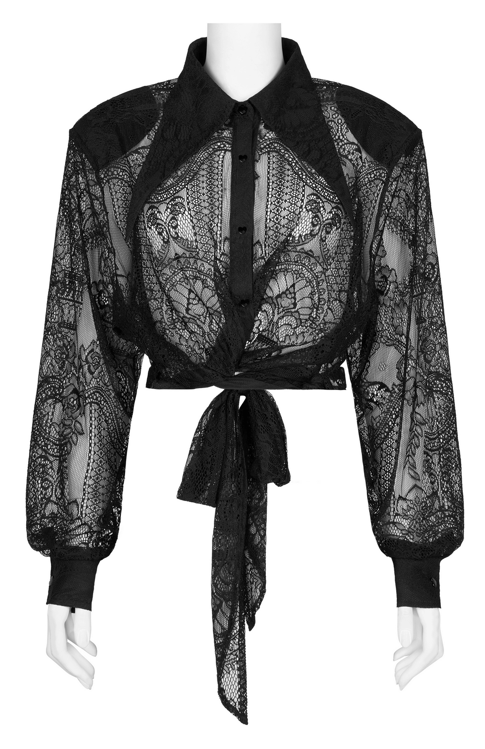 Elegant Gothic Black Lace Crop Shirt with Ties