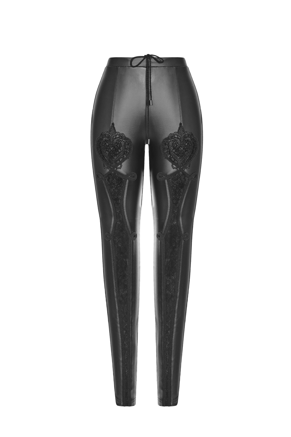 Elegant gothic black lace faux leather leggings with floral design and adjustable waistband for edgy style.