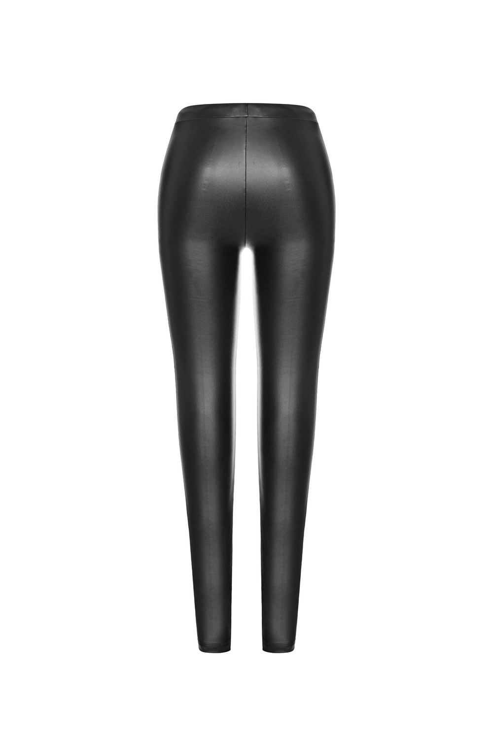 Back view of elegant gothic black faux leather leggings, featuring a sleek design for an edgy style.