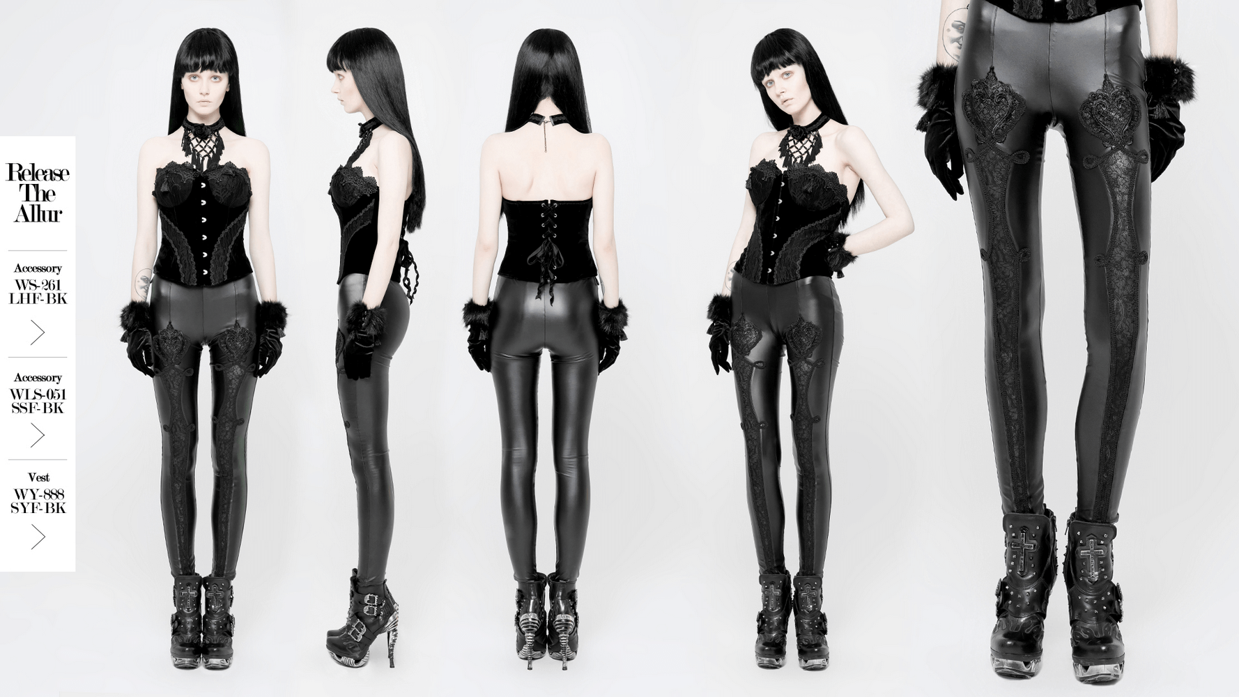 Gothic black lace faux leather leggings showcased from multiple angles, styling an edgy elegant look.