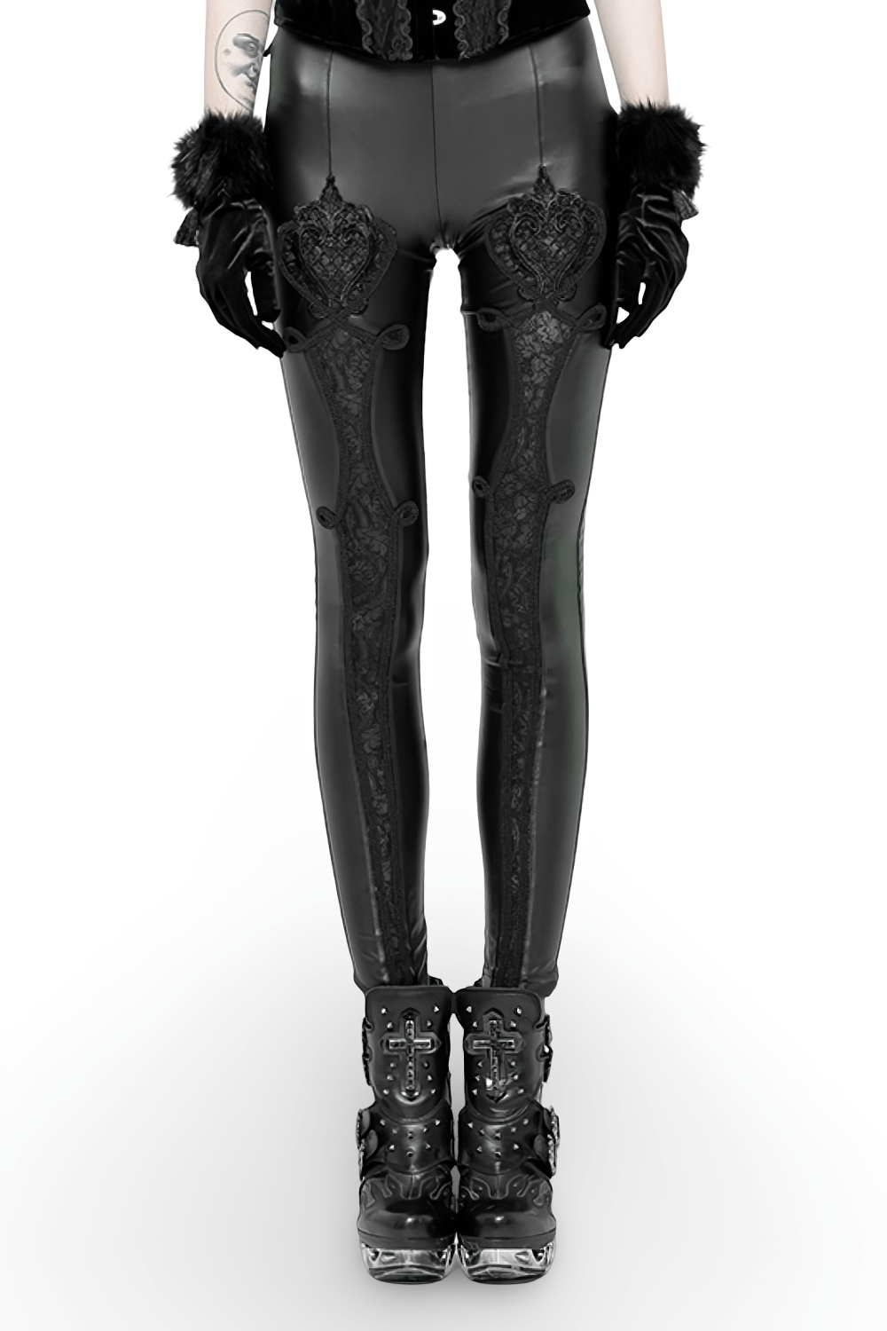 Elegant gothic black lace faux leather leggings with floral design and edgy style, perfect for a complete gothic look.