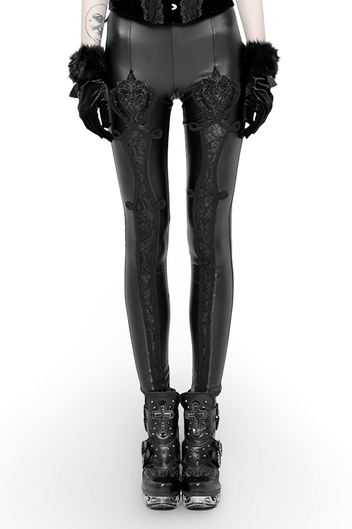 Elegant Gothic Black Lace Faux Leather Leggings