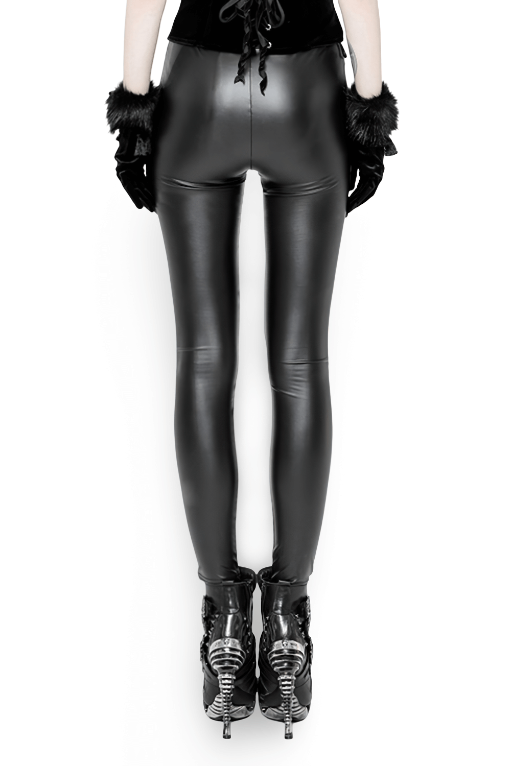 Back view of elegant black faux leather leggings with lace detail, styled for a gothic look with high-heeled boots.