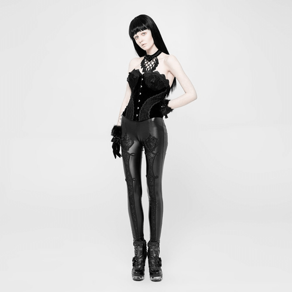 Gothic model in black lace faux leather leggings and corset, showcasing edgy elegance and style.