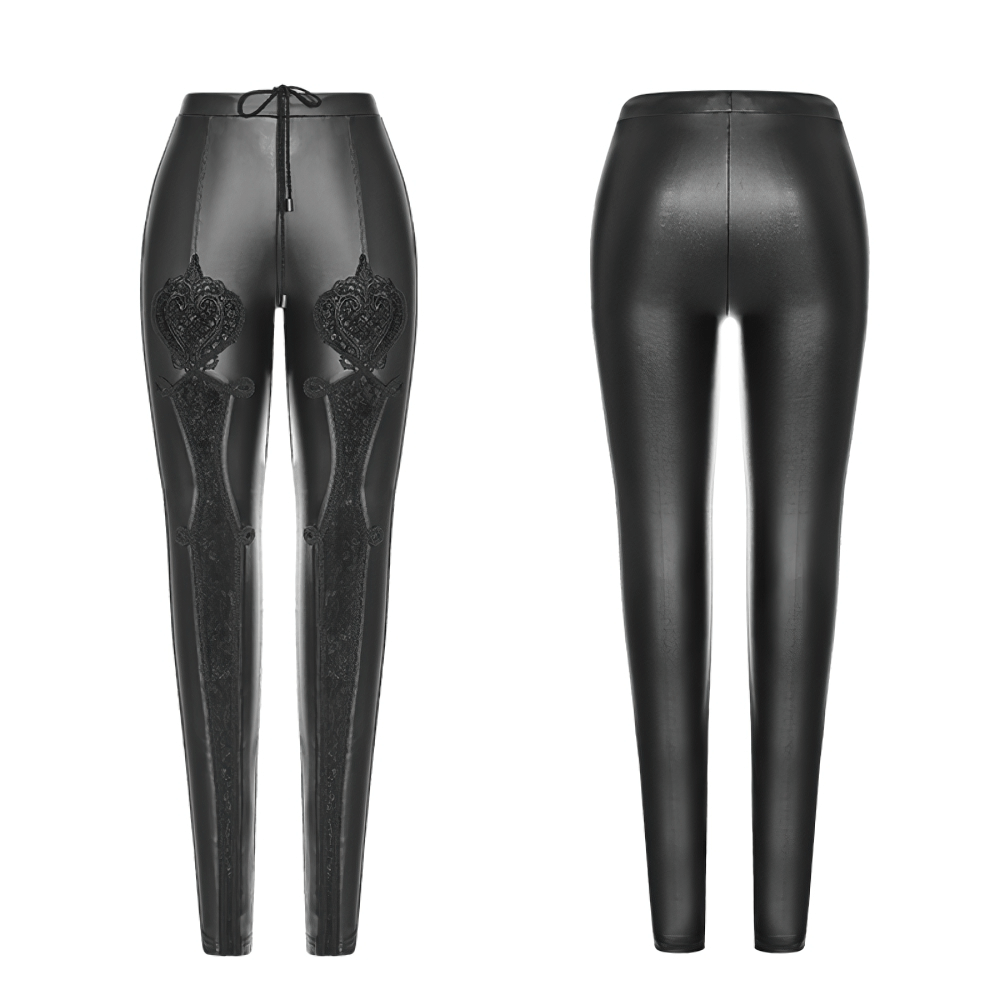 Elegant Gothic black lace faux leather leggings, featuring floral design and adjustable waistband for edgy style.