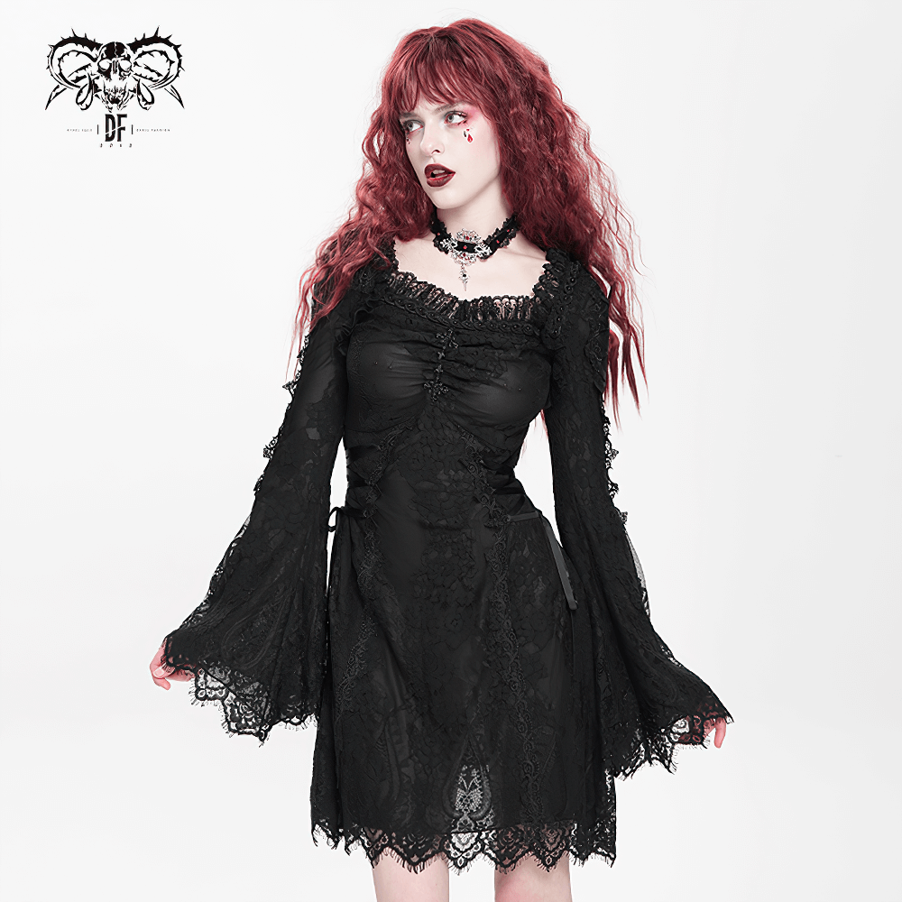 Elegant Gothic black lace mini dress with flared sleeves, perfect for dark romance lovers.