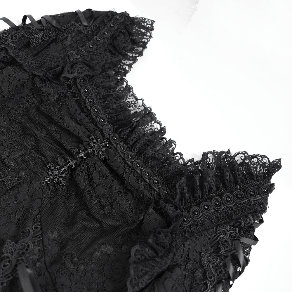 Elegant black lace fabric with ruffled edges and lace-up detail for gothic mini dress.