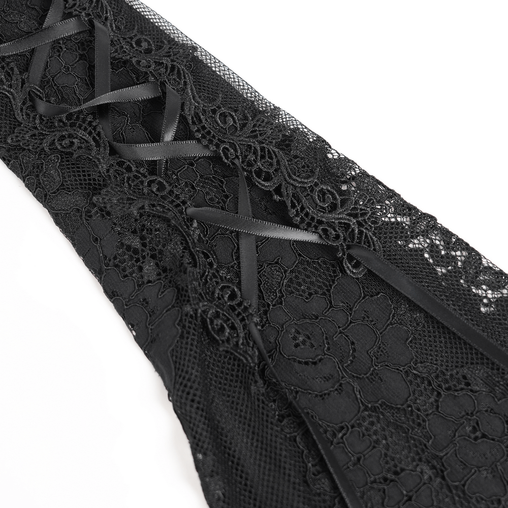 Close-up of gothic black lace with lace-up details, perfect for an elegant gothic mini dress.