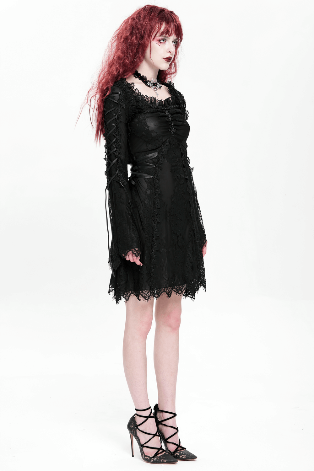 Elegant Gothic black lace mini dress with flared bell sleeves, lace-up details, and a romantic silhouette.
