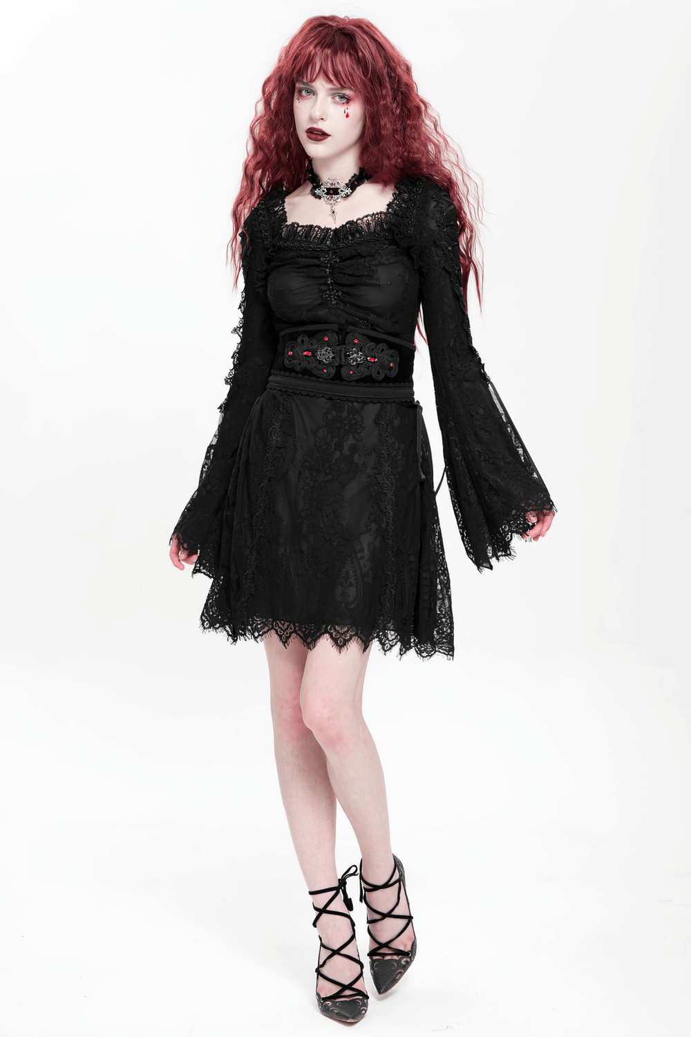 Elegant gothic black lace mini dress with flared bell sleeves, perfect for romantic goth fashion.
