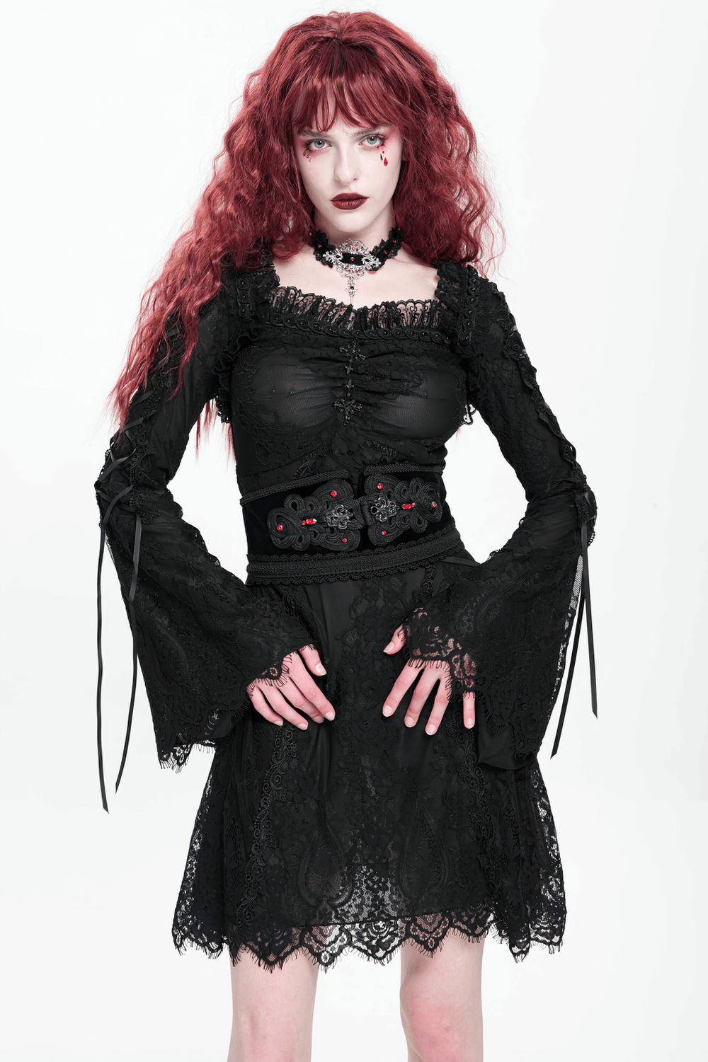 Elegant Gothic black lace mini dress with flared sleeves, showcasing romantic goth style and lace-up details.