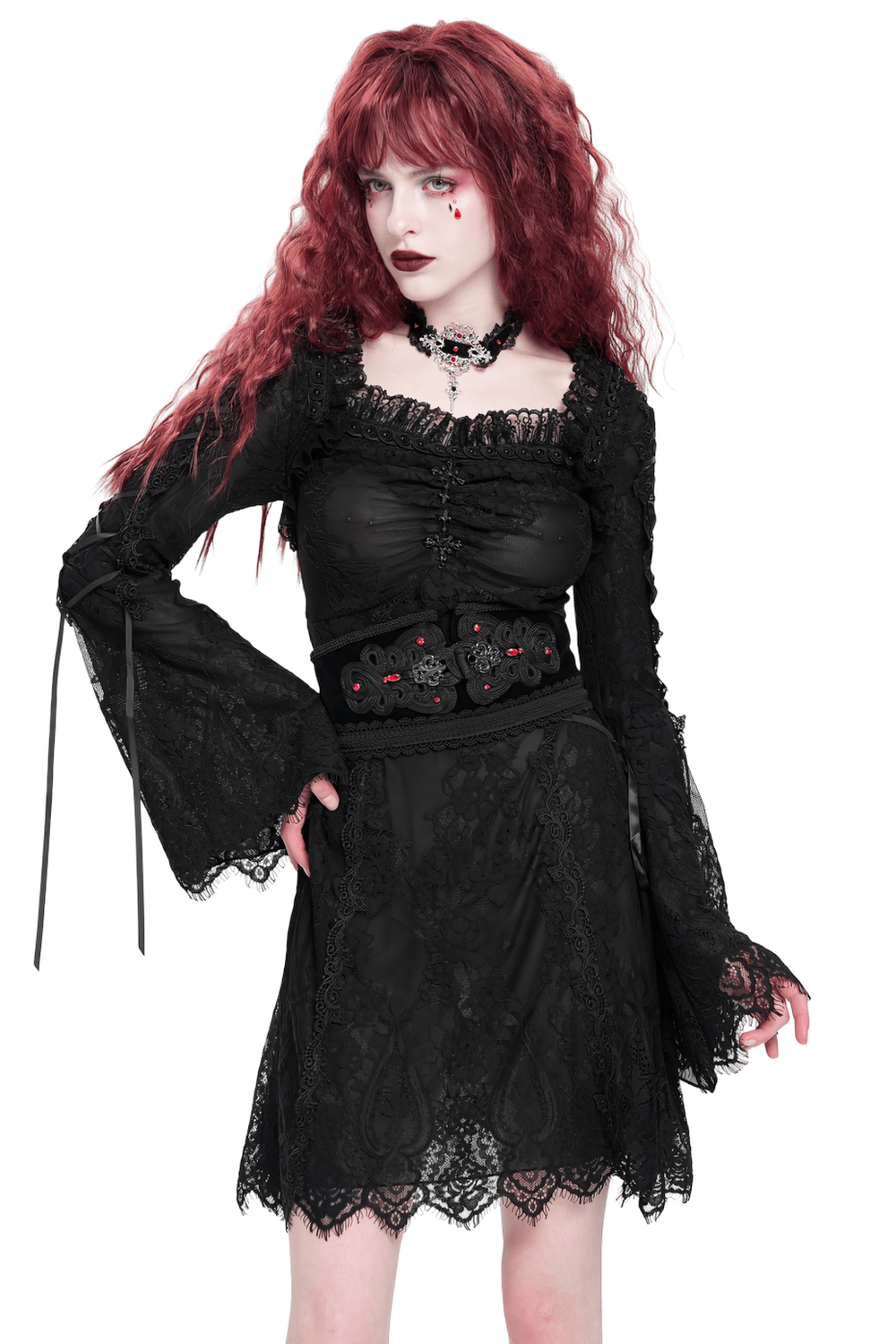 Elegant Gothic black lace mini dress with flared sleeves, featuring lace-up details and a romantic silhouette.