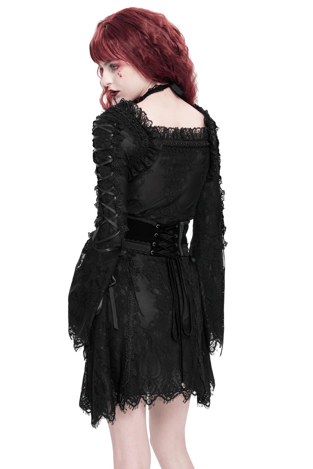 Elegant gothic black lace mini dress with flared sleeves and lace-up details, showcasing dark romance and a slim-fit silhouette.