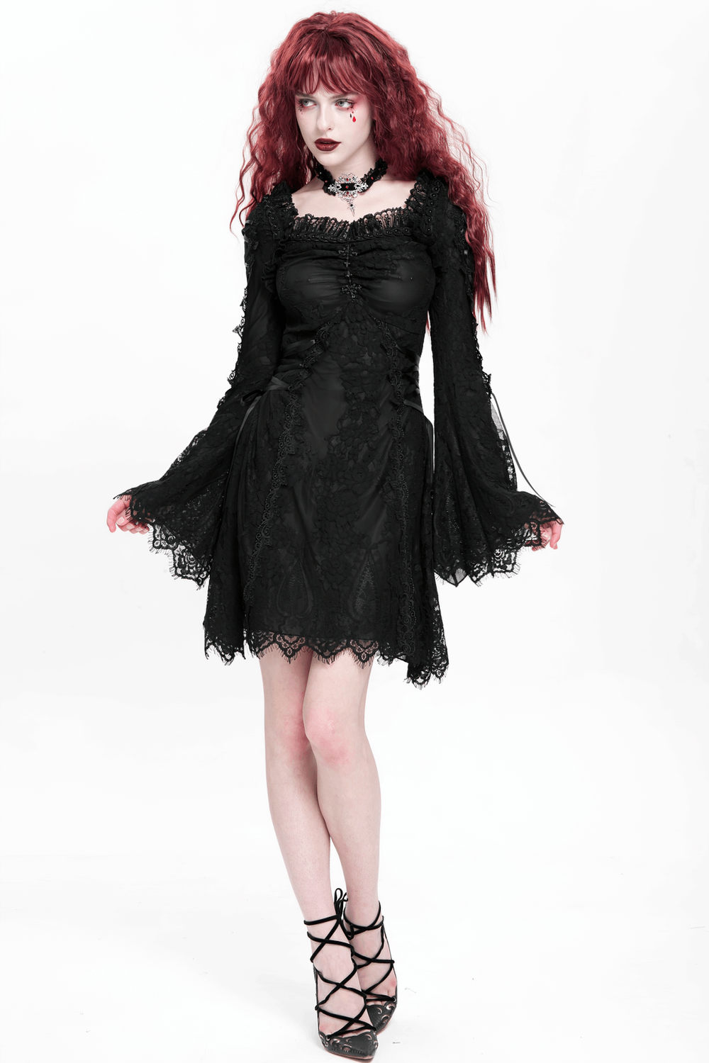 Elegant Gothic black lace mini dress with flared sleeves, perfect for dark romantic style.