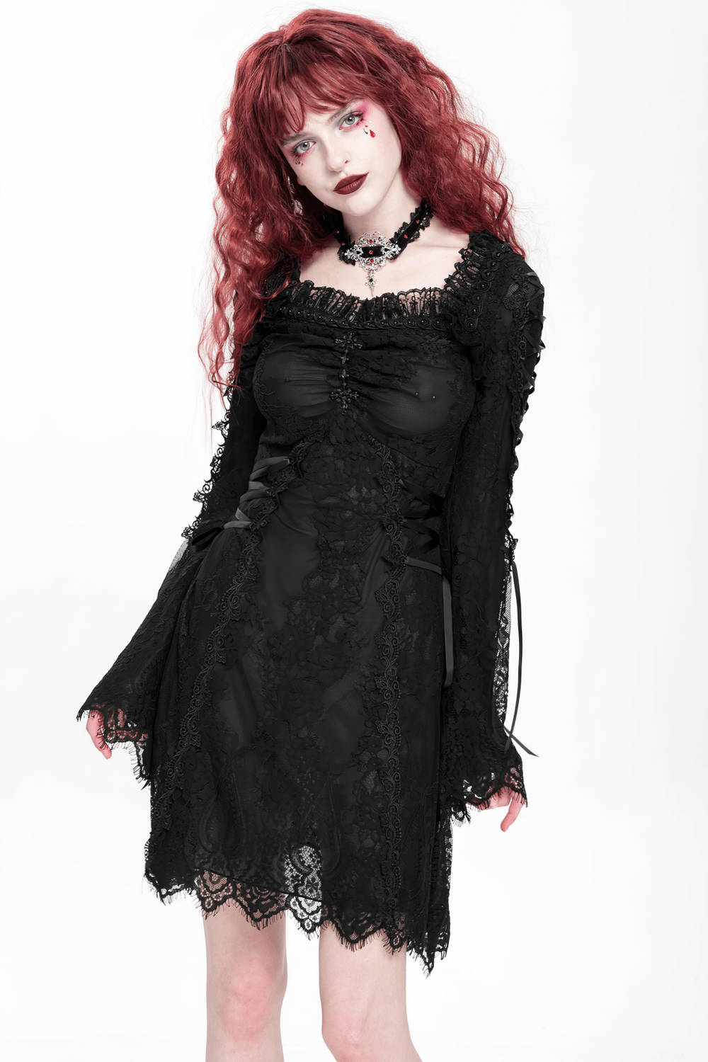 Elegant gothic black lace mini dress with flared sleeves and lace-up details, perfect for dark romance.