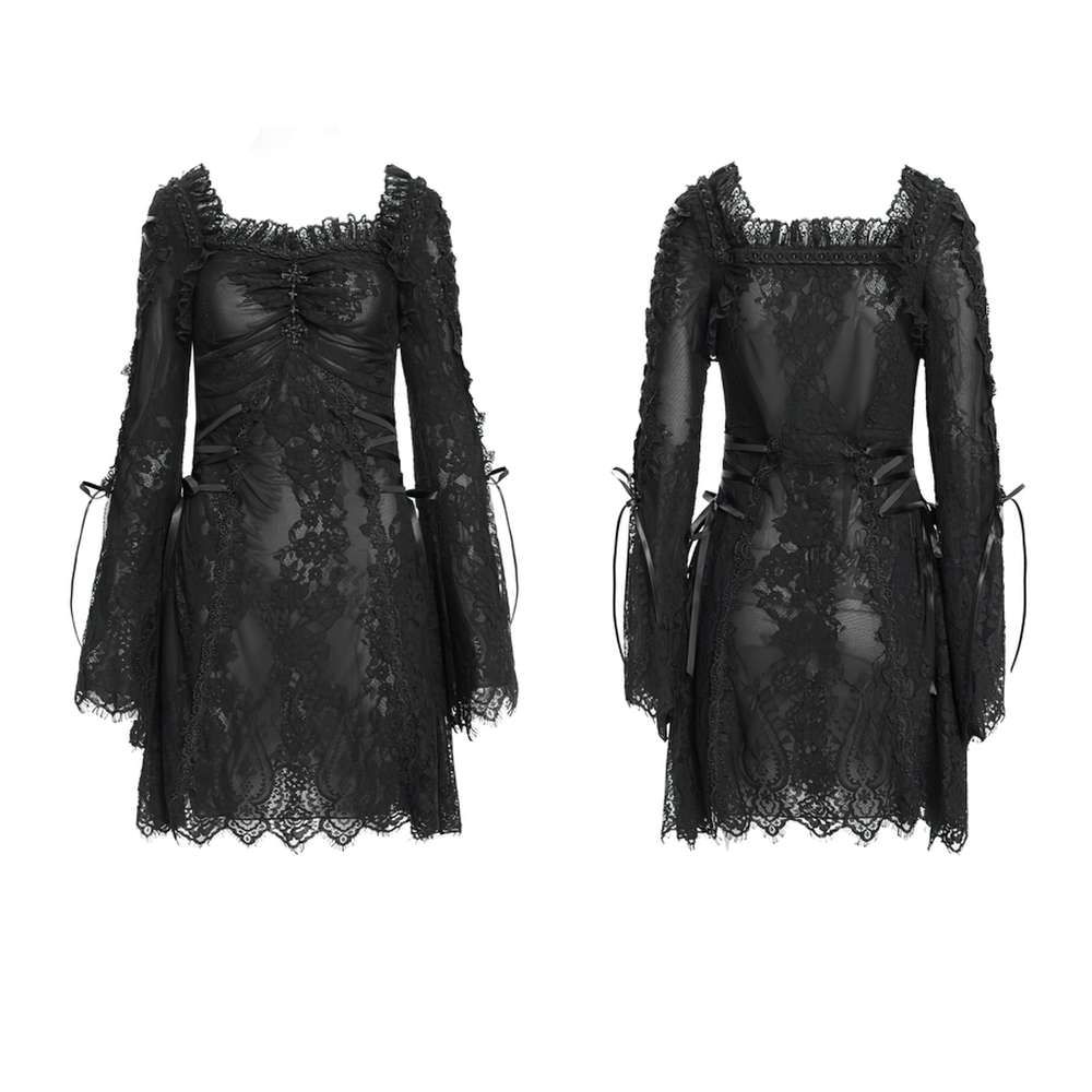 Elegant Gothic black lace mini dress with bell sleeves and lace-up details, perfect for a romantic goth style.