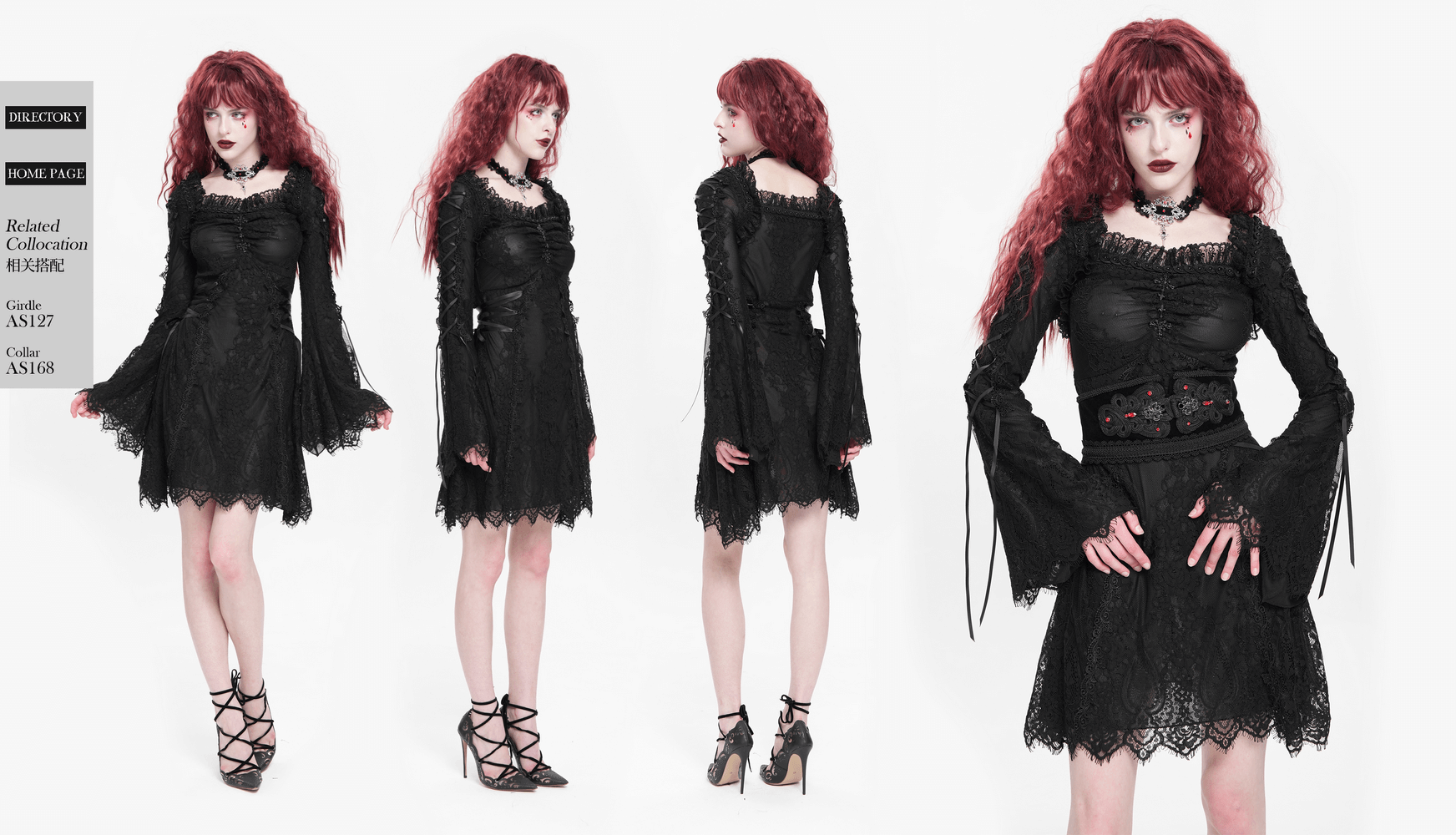 Elegant Gothic black lace mini dress with flared sleeves, showcasing romantic style and lace-up details.