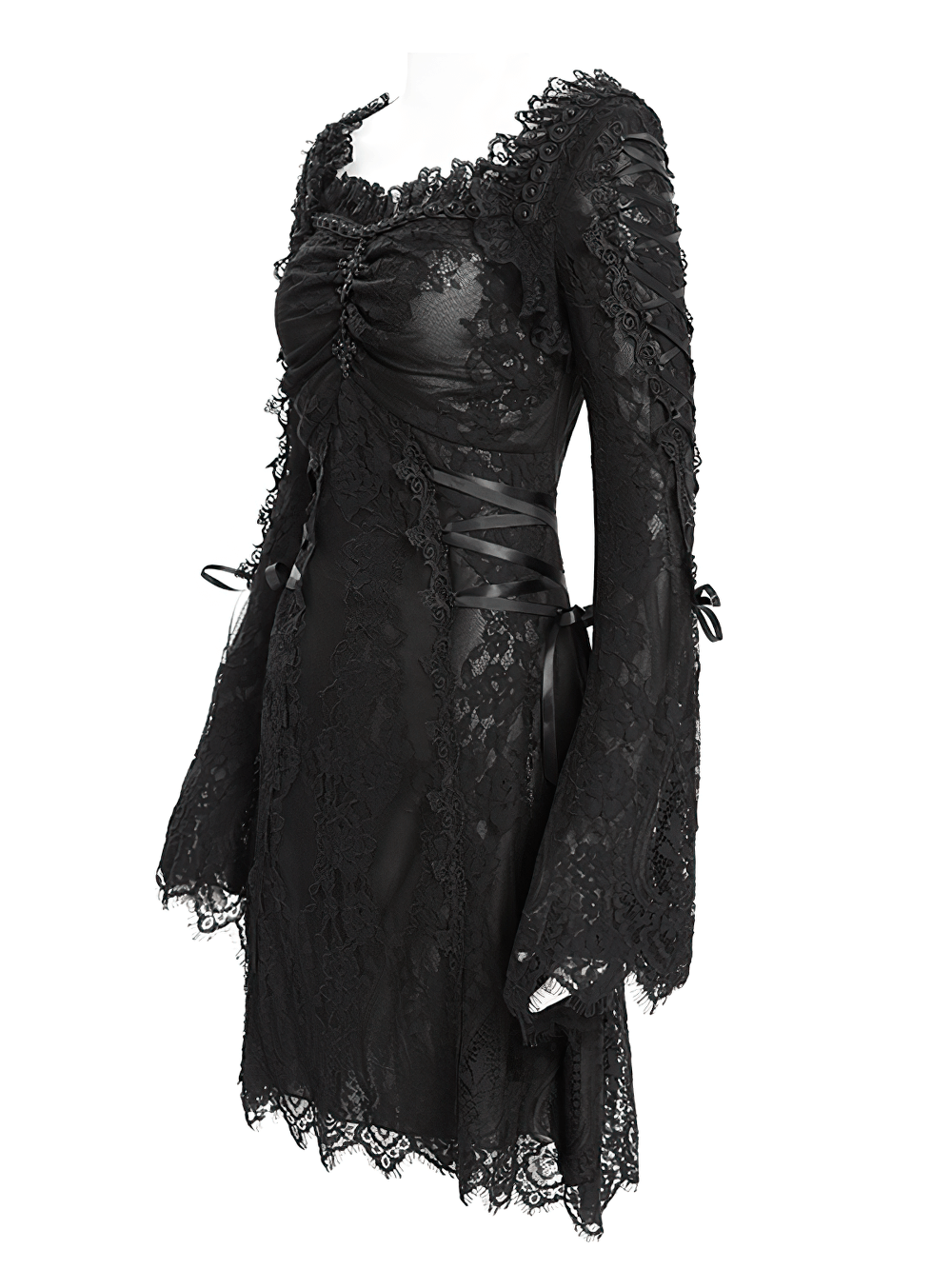 Elegant gothic black lace mini dress with flared sleeves and lace-up details, perfect for romantic dark fashion.
