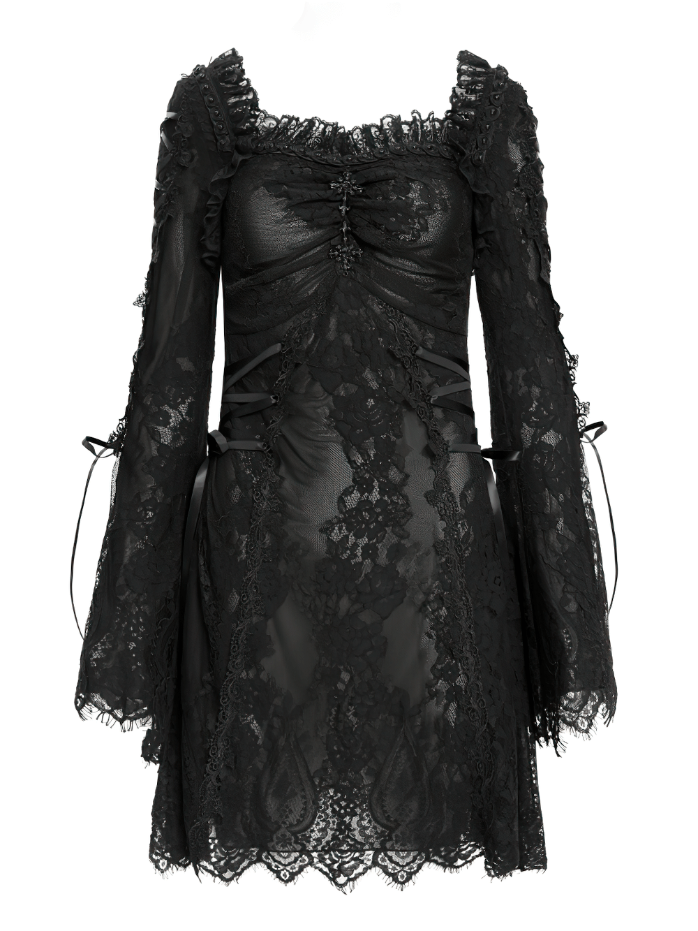Elegant gothic black lace mini dress with flared bell sleeves and lace-up side details.