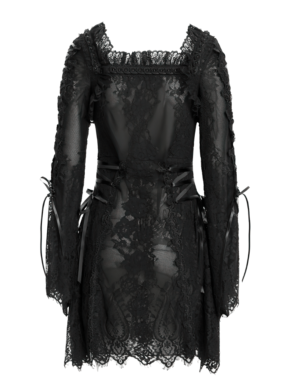 Elegant Gothic black lace mini dress with flared bell sleeves and lace-up side details.