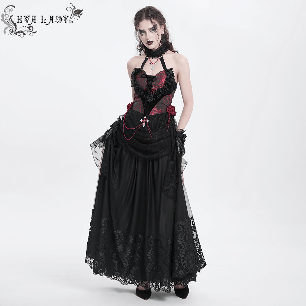 Elegant gothic black dress with red accents and lace details, perfect for dark romantic fashion.