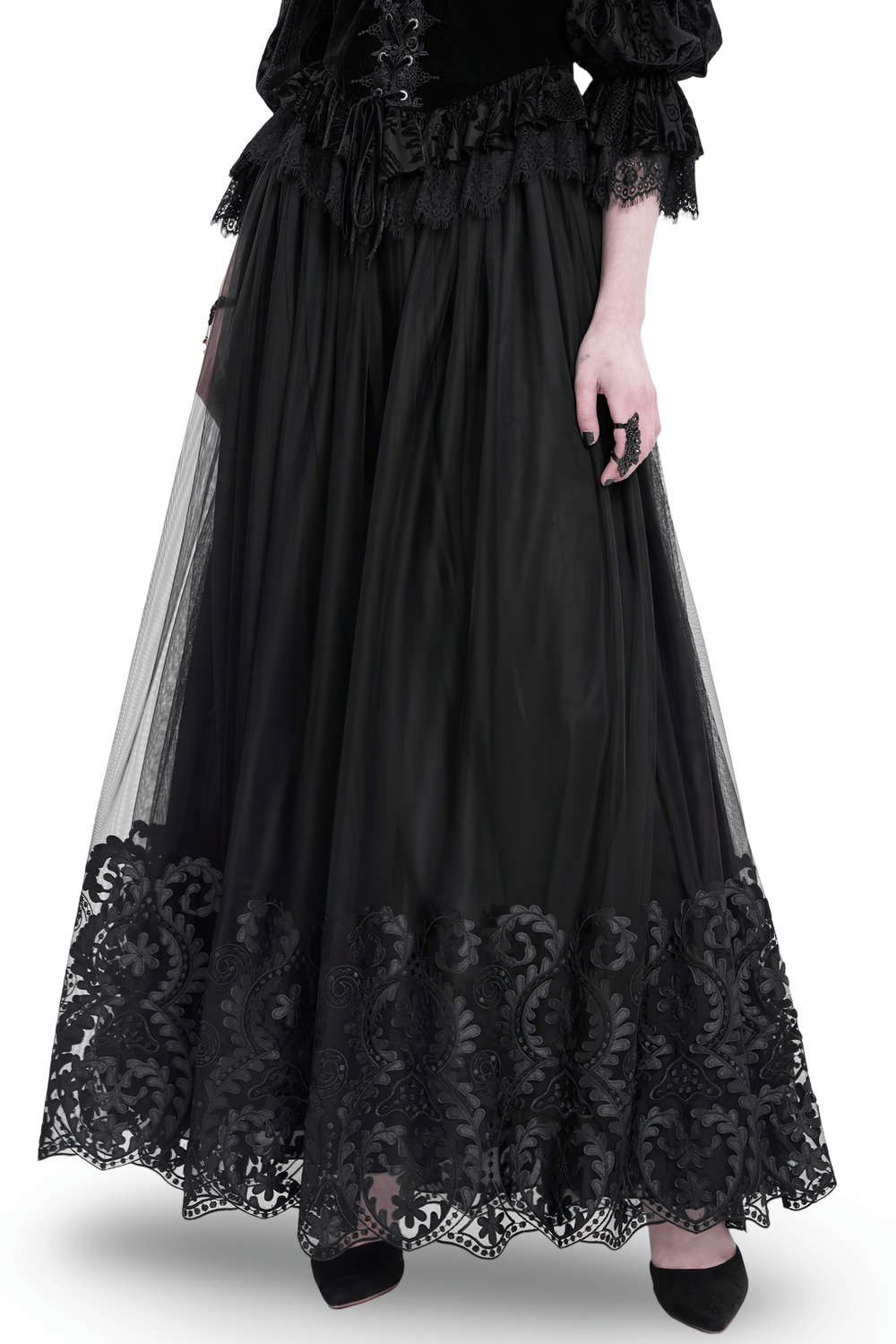 Elegant gothic black mesh maxi skirt with embroidered hem, perfect for dark romantic and alternative fashion styles.
