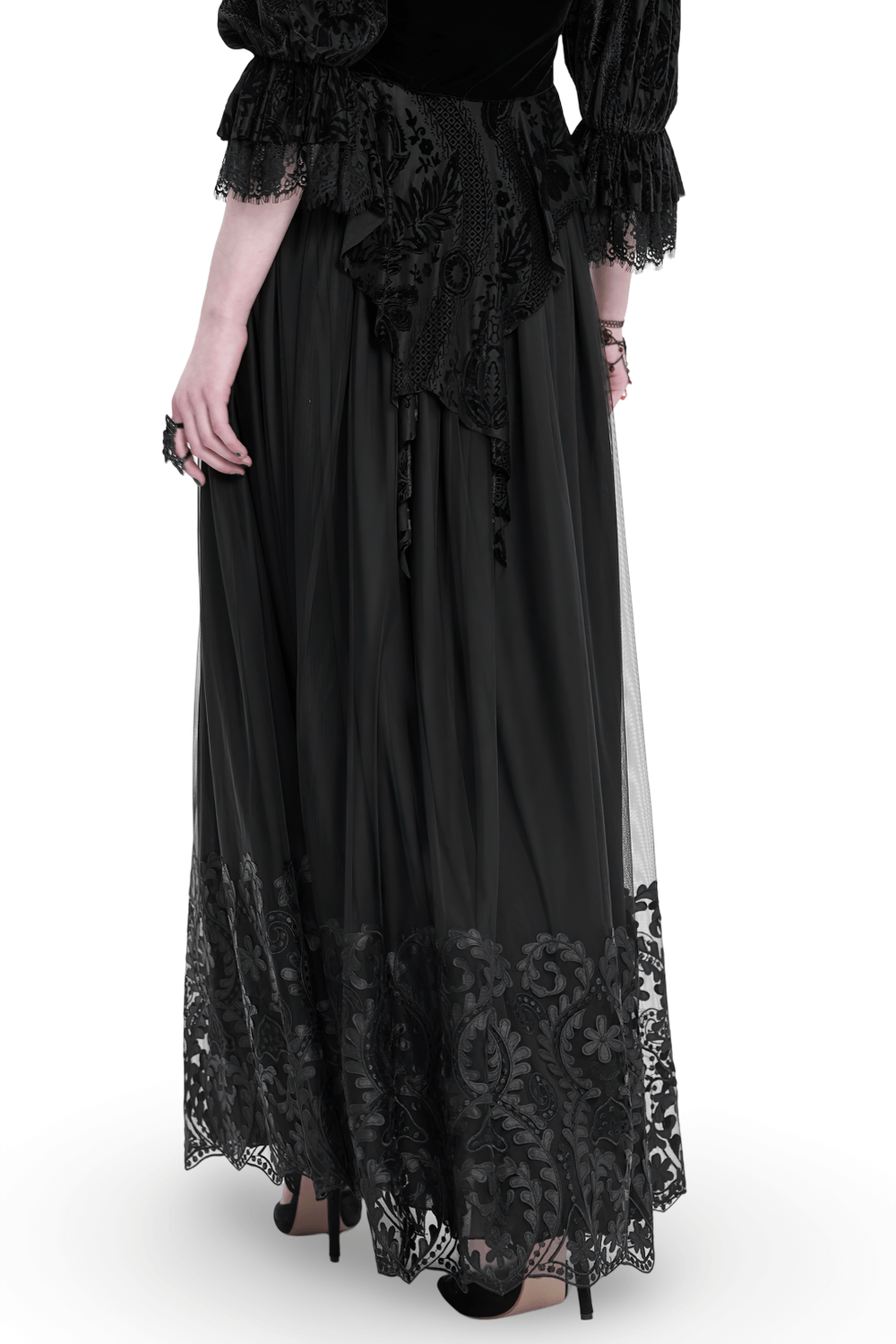 Elegant Gothic black mesh maxi skirt with intricate embroidered hem, perfect for vintage-inspired alternative fashion.