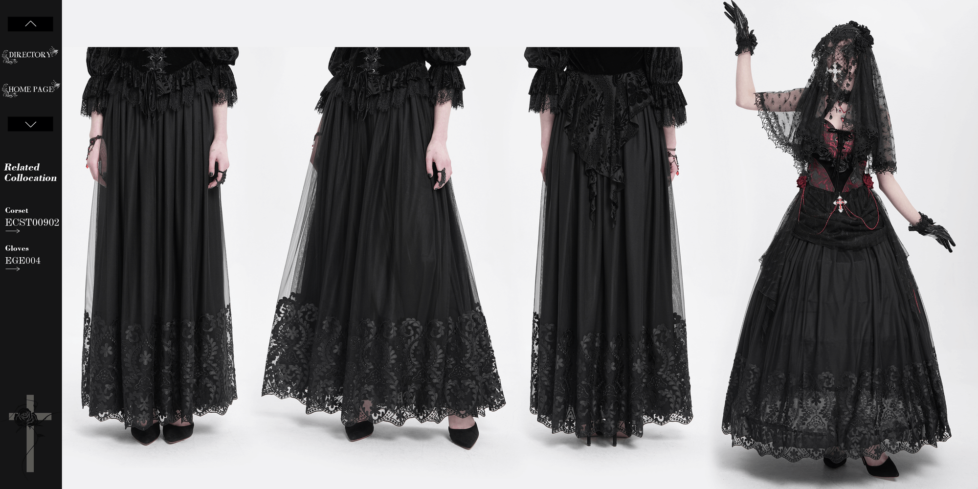 Elegant gothic black mesh maxi skirt with embroidered hem, perfect for dark romantic styles and alternative fashion.