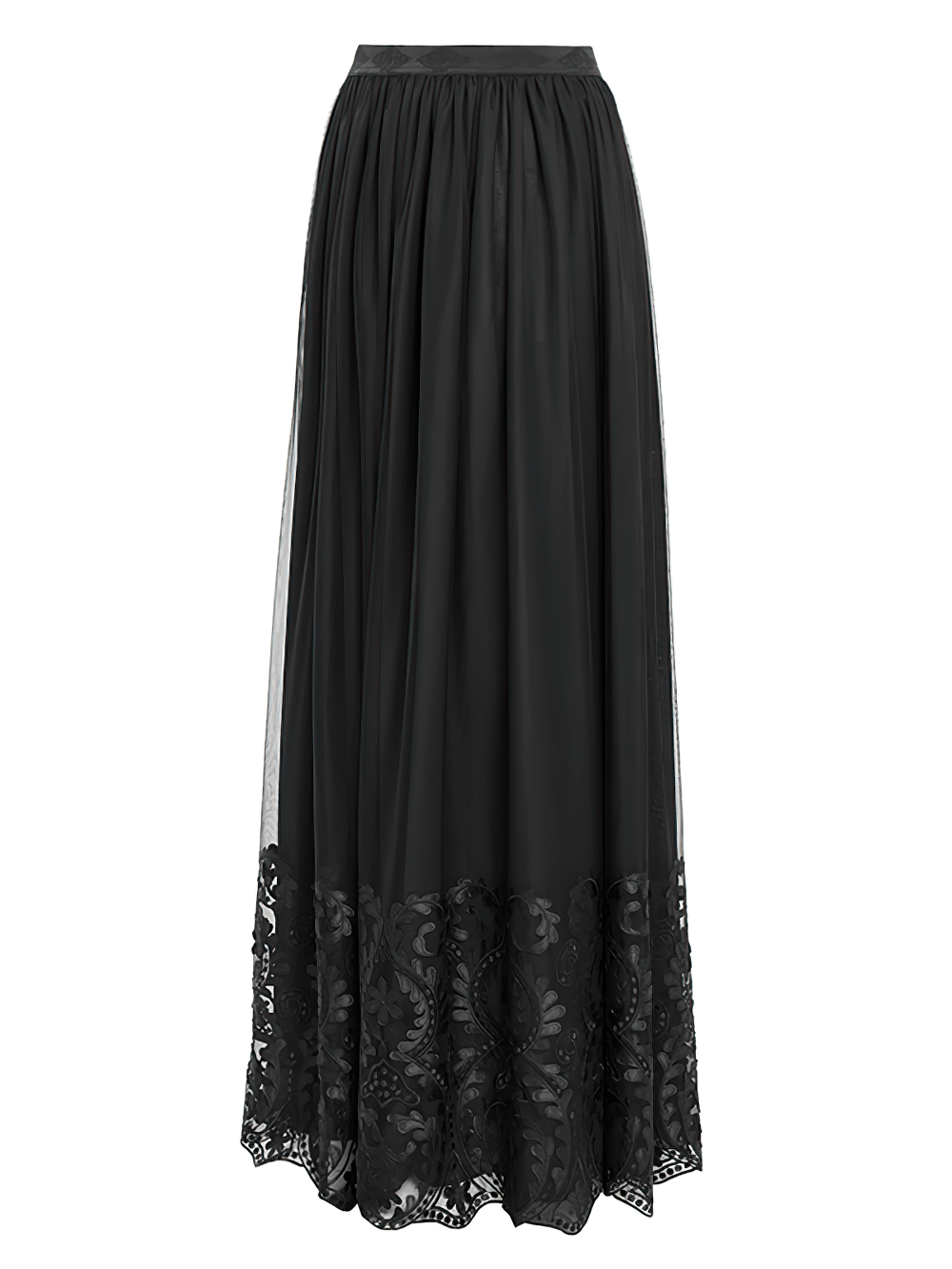 Elegant black mesh maxi skirt with embroidered floral hem, perfect for gothic outfits and alternative fashion.