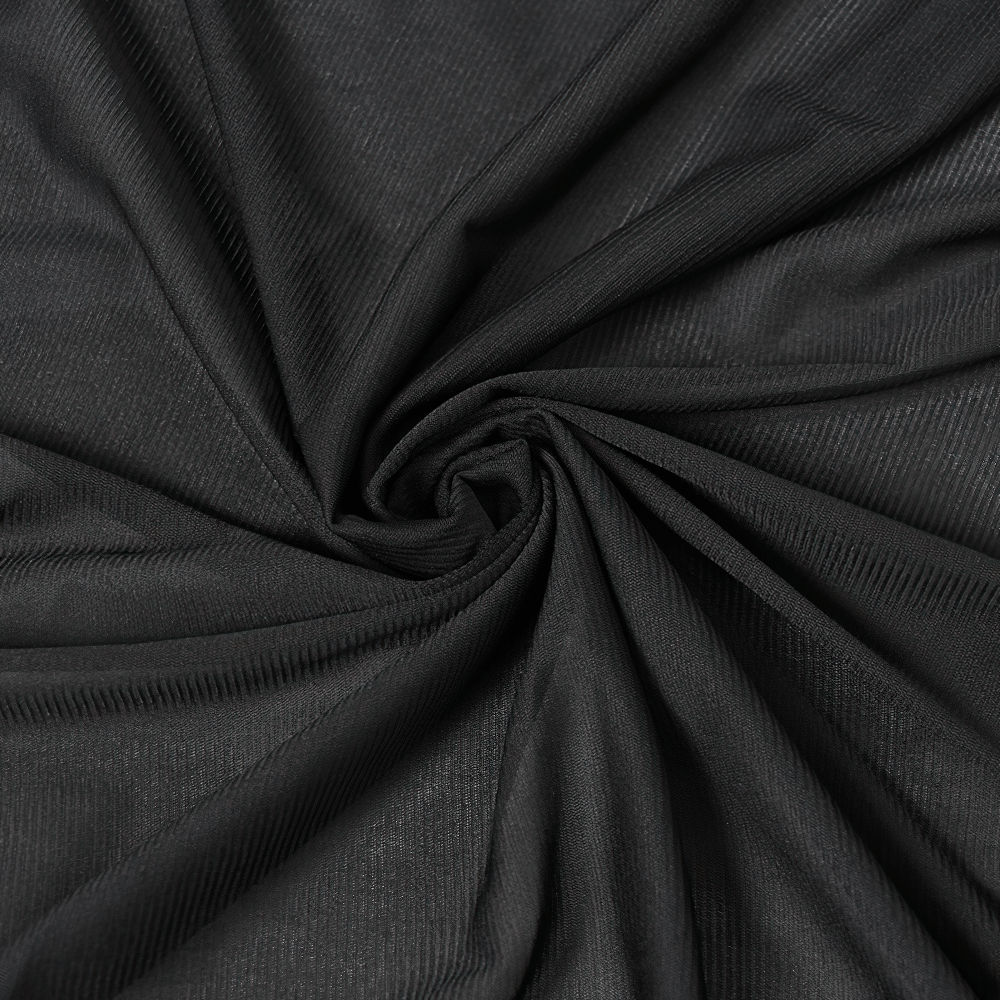 Close-up of elegant black textured fabric for gothic clothing and fashion designs, showcasing a soft and flexible material.