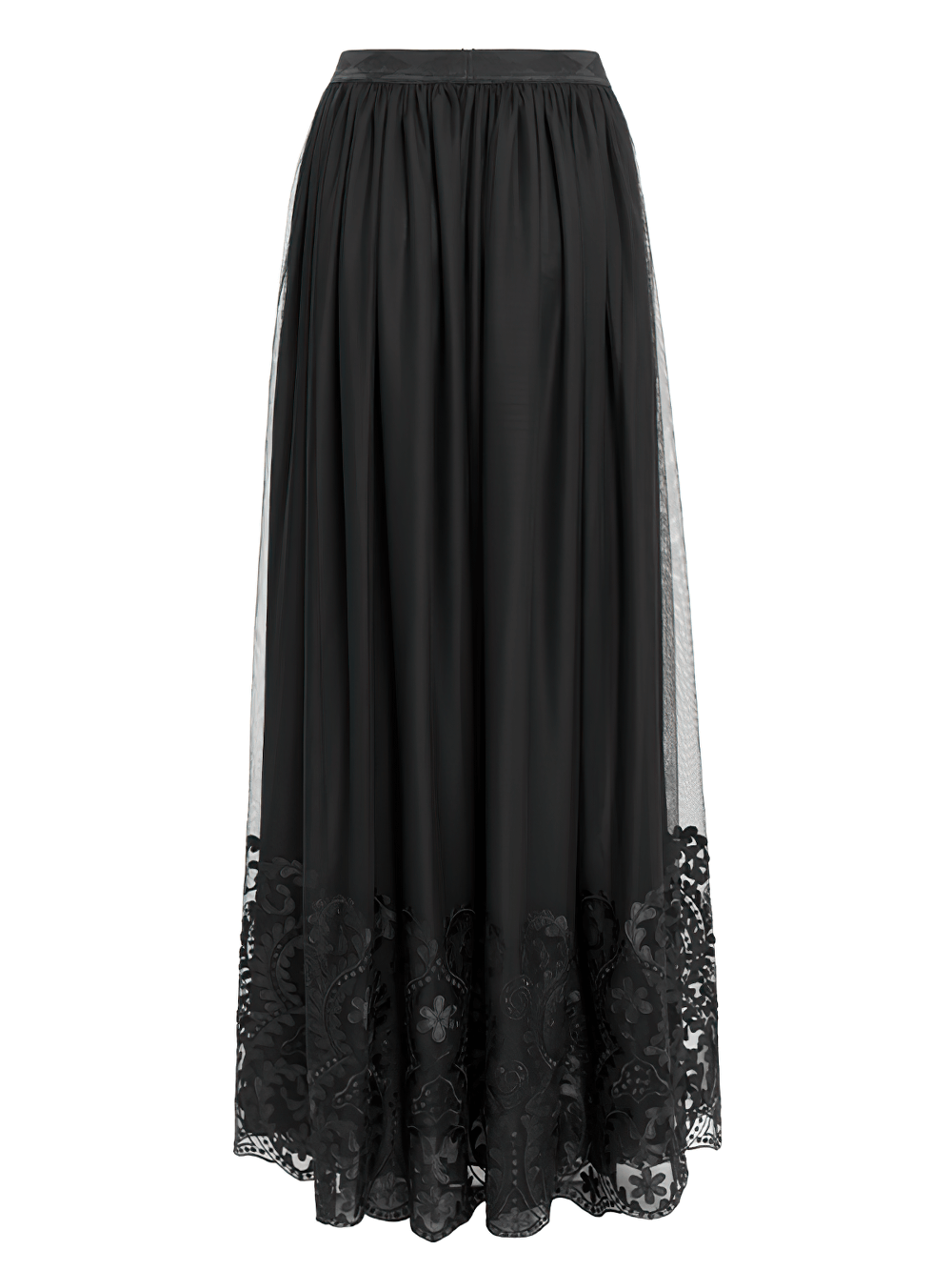 Elegant gothic black mesh maxi skirt with floral embroidered hem and elastic waist for a flattering fit.
