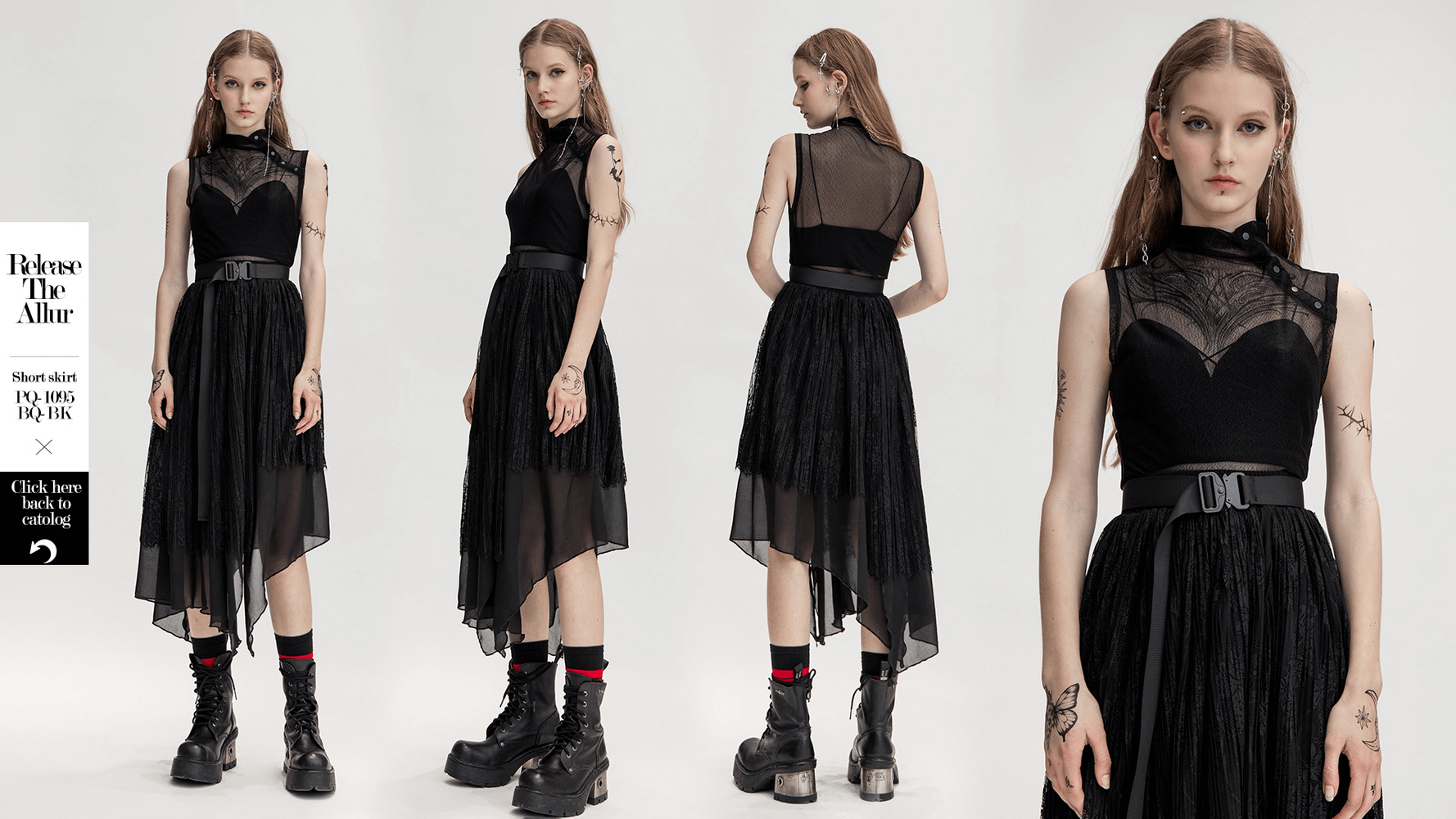 Elegant black mesh sleeveless top with high neck, showcasing a punk style and delicate fabric design.